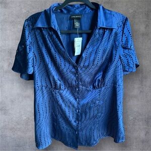 Lane Bryant Navy Button-Down Women's Flocked Dot Blouse - NWT